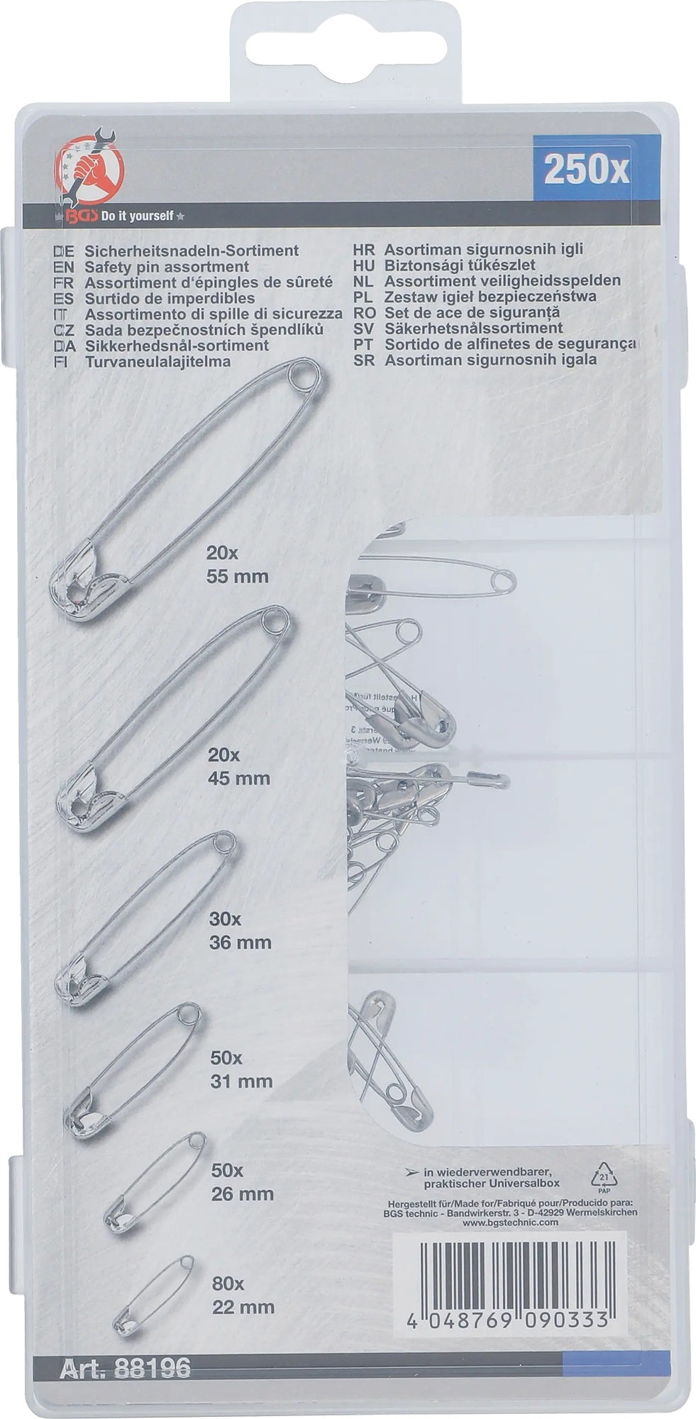 BGS DIY 88196 Sortiment Sicherheitsnadeln 22-55mm 6 Größen 250 teilig