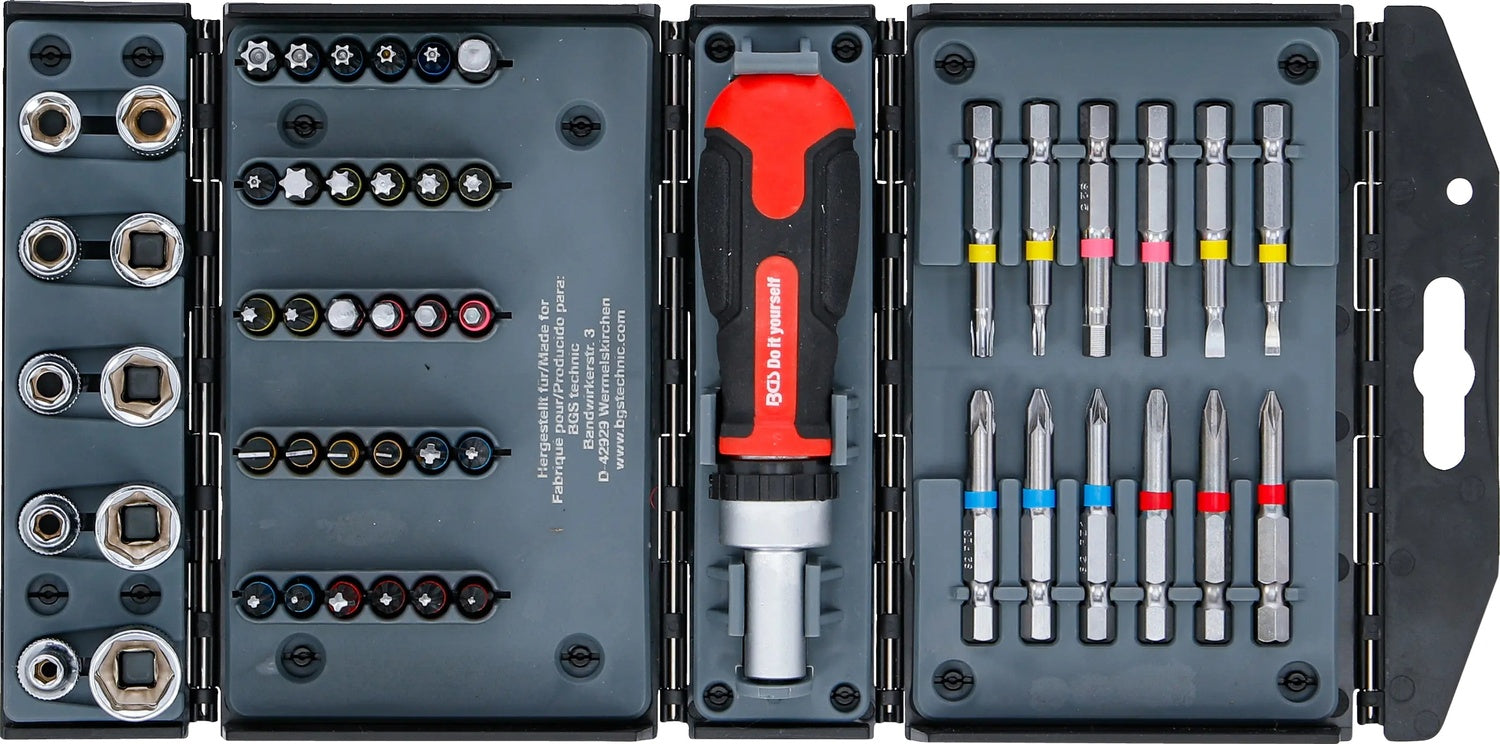 BGS DIY 90105 Satz Steckschlüsseleinsätze Biteinsätze mit Ratschen Drehgriff für Bits umschaltbar