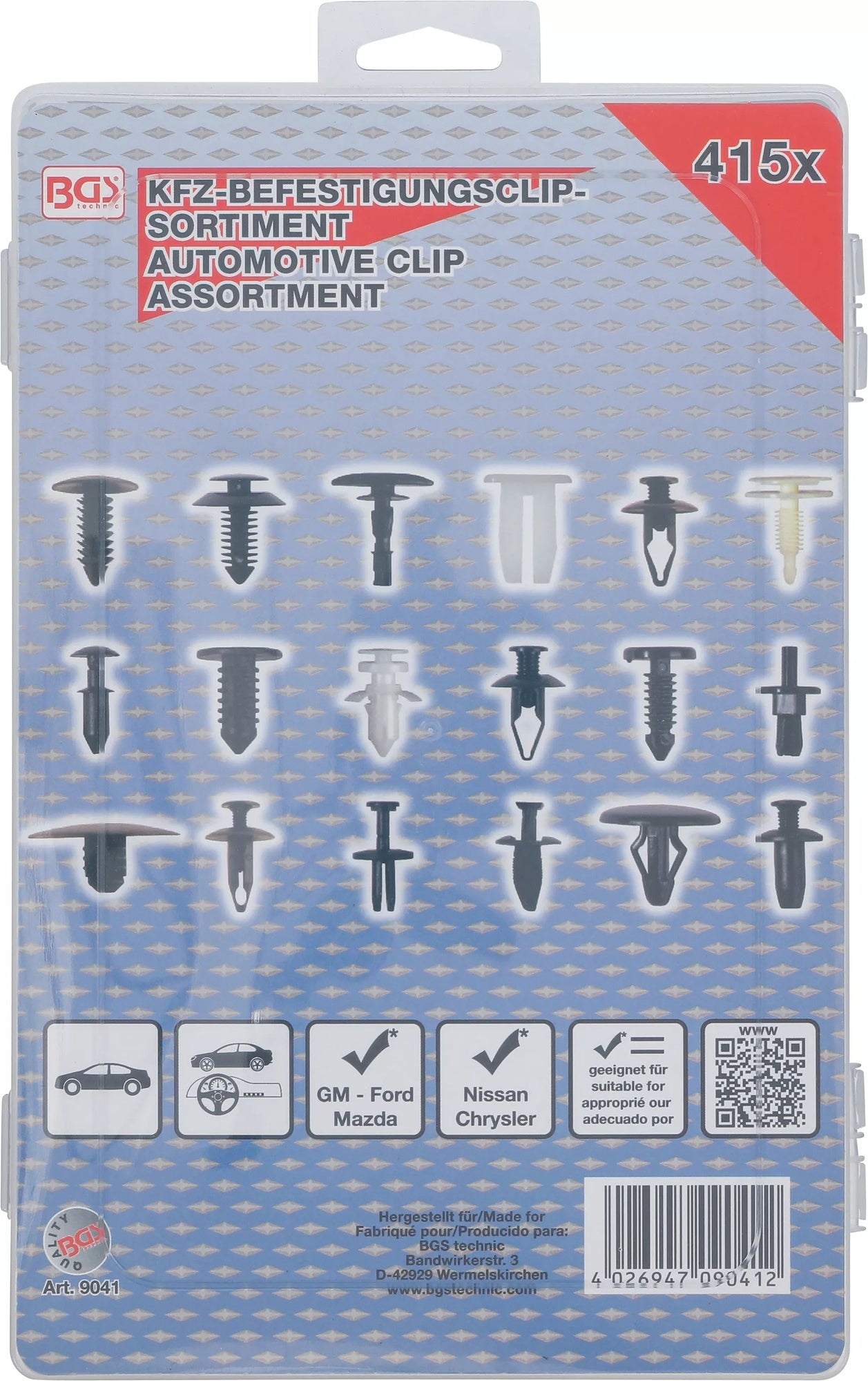 BGS 9041 Sortiment KFZ Befestigungsclips Clips für Ford, Mazda, GM, Chrylser,  Nissan 415 teilig