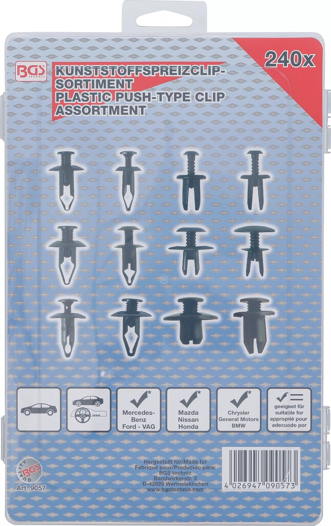 BGS 9057 Sortiment Kunststoff Spreizclips für Mazda, Honda, Ford, Nissan, VW 240 teilig