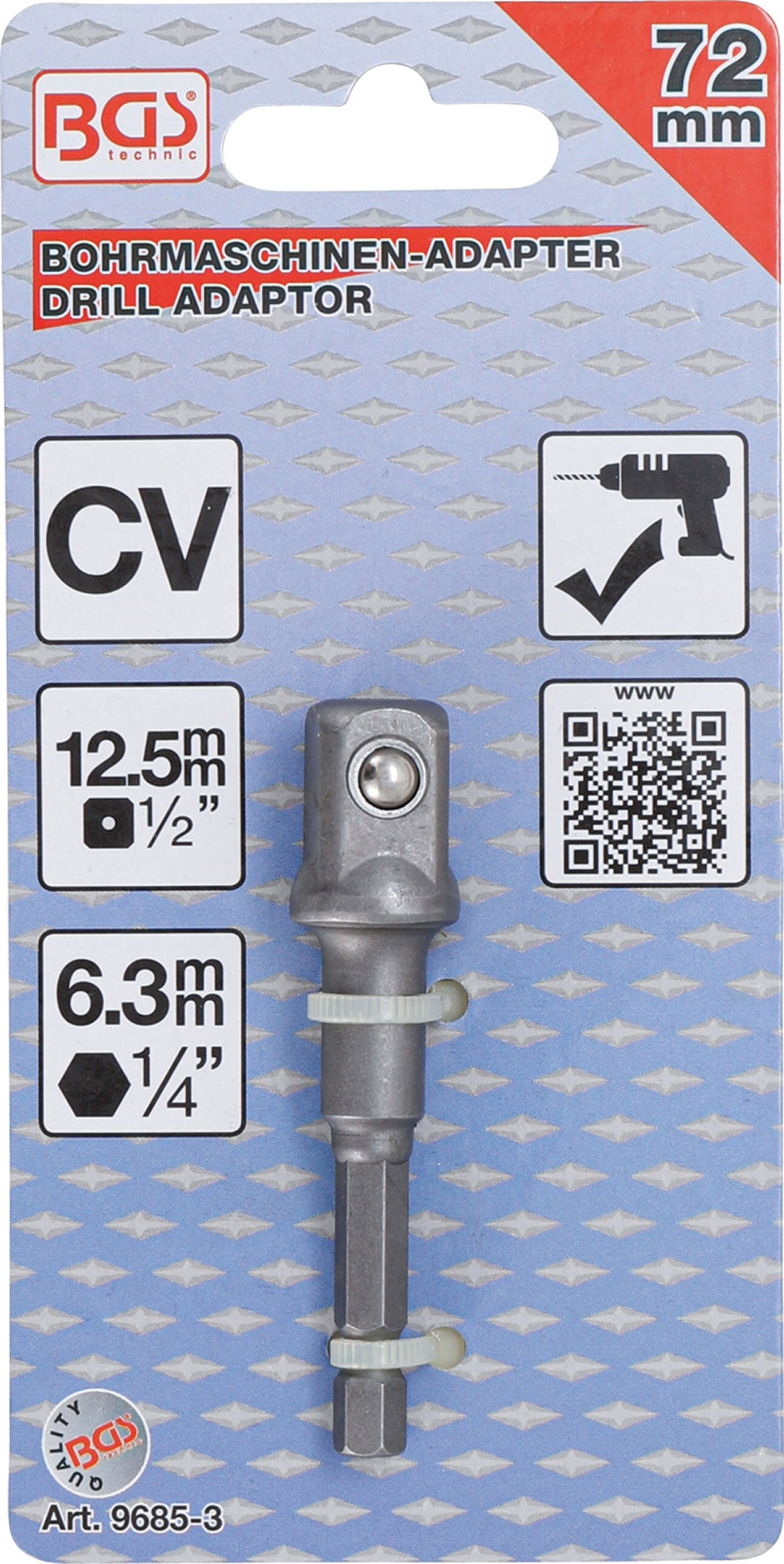 BGS 9685-3 Adapter 12,5mm (1/2") für Bohrmaschinen Antrieb Außensechskant 6,3mm (1/4")