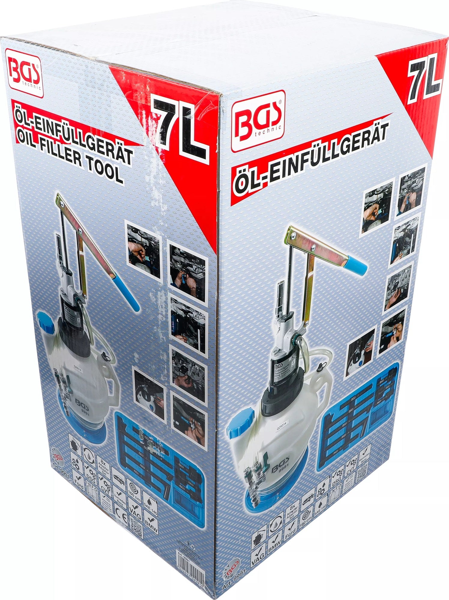 BGS 9991 Befüllgerät für Getriebeöl mit Handpumpe Rücklaufsystem mit 8 Adaptern 7 Liter