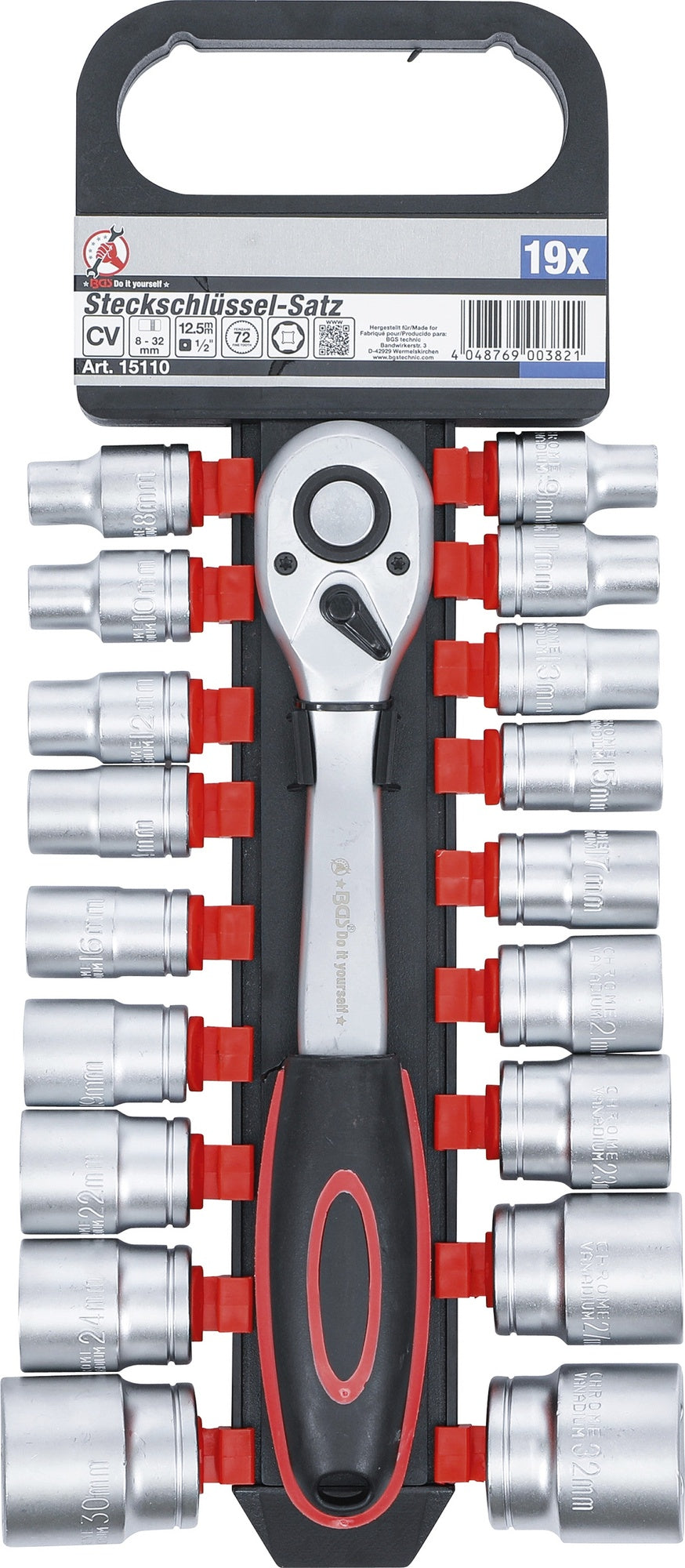 BGS DIY 15110 Satz Steckschlüssel Antrieb 12,5mm (1/2") SW 8 - 32mm 19 teilig