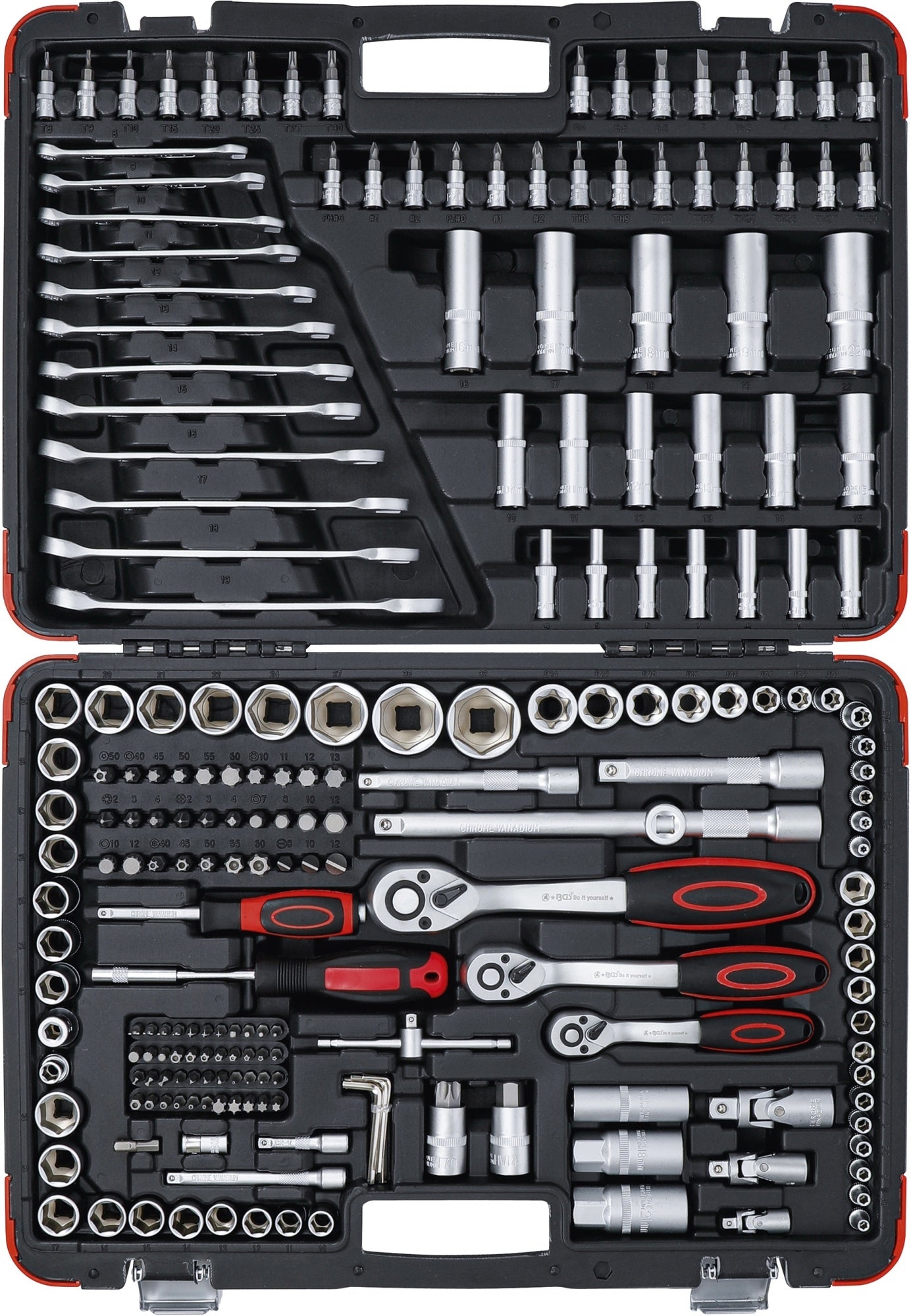 BGS DIY 15216 Satz Steckschlüssel Antrieb 6,3mm (1/4") & 10mm (3/8") & 12,5mm (1/2") 216 teilig