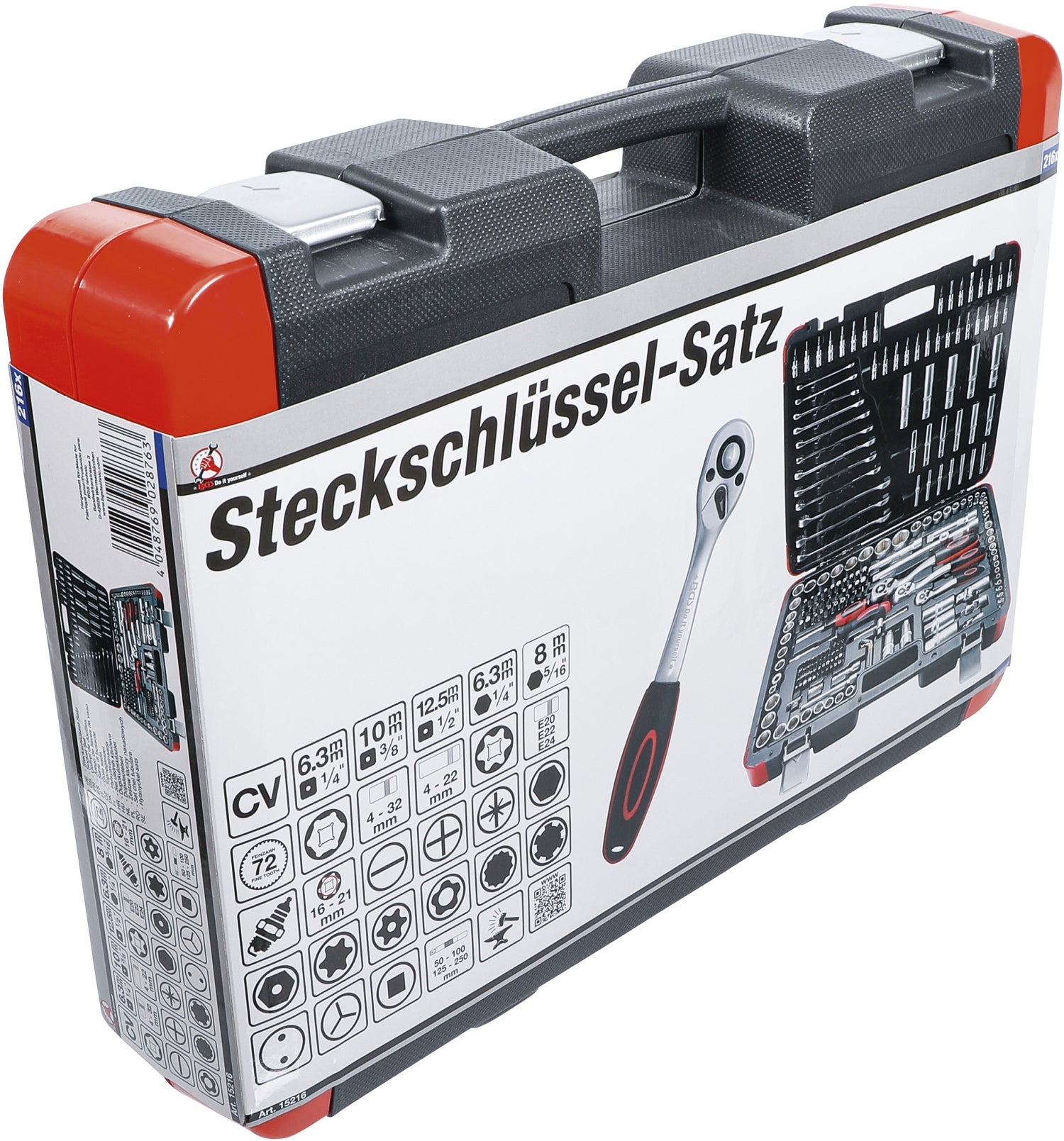 BGS DIY 15216 Satz Steckschlüssel Antrieb 6,3mm (1/4") & 10mm (3/8") & 12,5mm (1/2") 216 teilig
