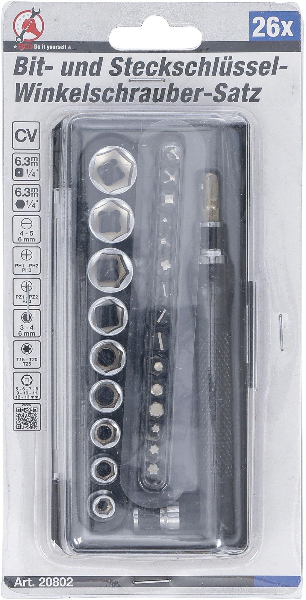 BGS DIY 20802 Satz Bits & Steckschlüssel / Winkelschrauber Antrieb 6,3mm (1/4") 26 teilig