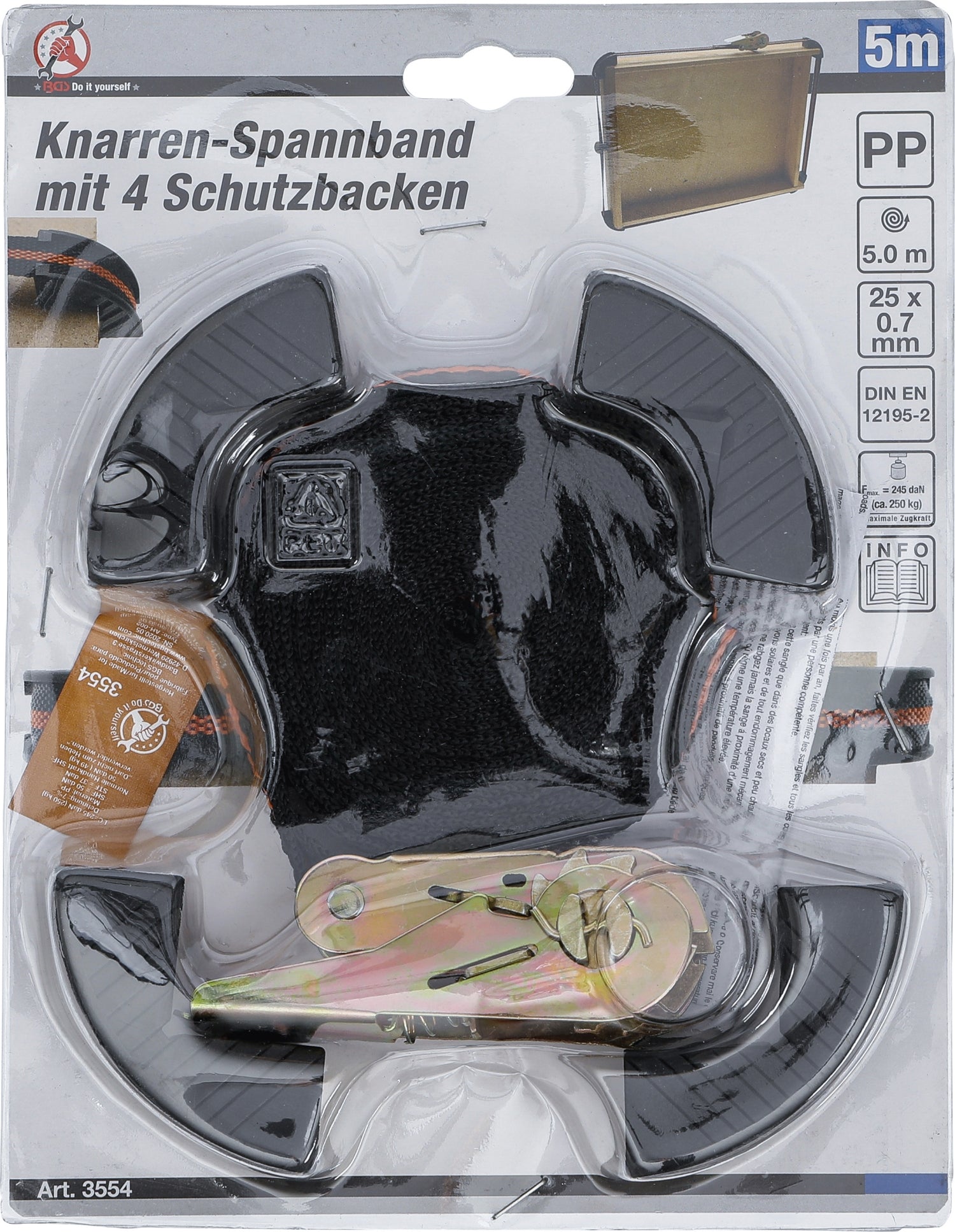 BGS DIY 3554 Knarren Spannband mit 4 Schutzbacken 5m x  25mm