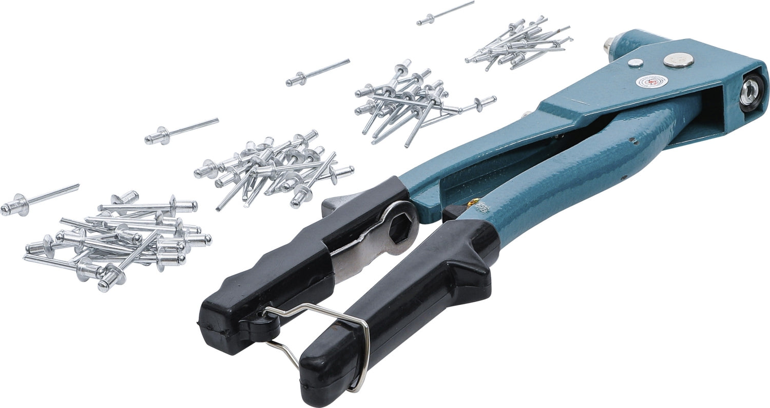 BGS DIY 401 Poppnietenzange / Blindnietzange mit 60 Nieten & 4 Mundstücken Ø 2,4 / 3,2 / 4,0 / 4,8mm Länge 250mm