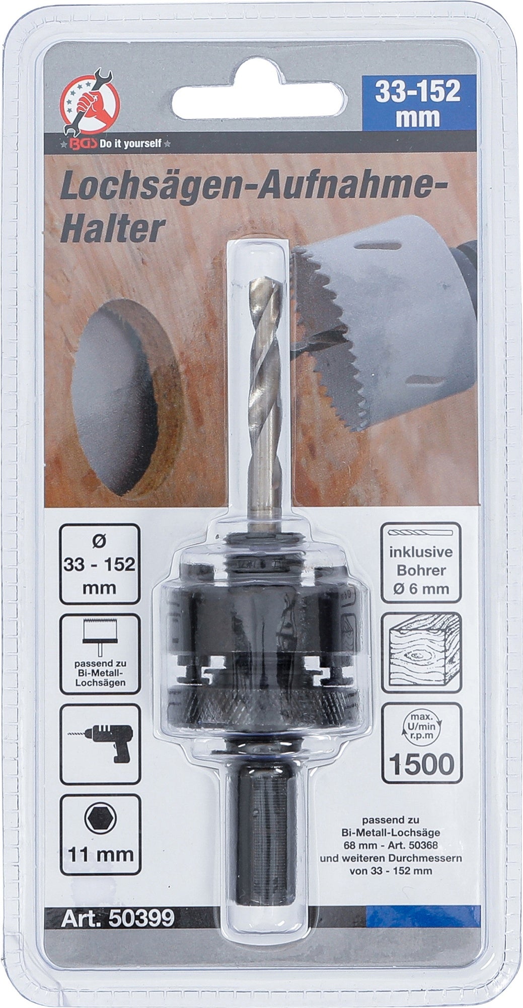 BGS DIY 50399 Aufnahmehalter für Lochsägen Ø 33 - 152mm mit Zentrierbohrer