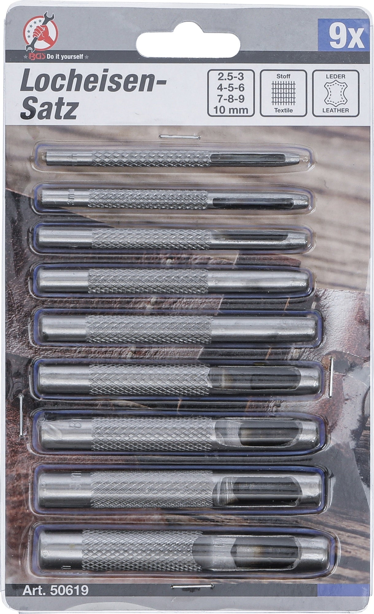 BGS DIY 50619 Satz Locheisen Lochpfeifen Lochflöten Lochstanzer 2,5 - 10 mm 9 teilig