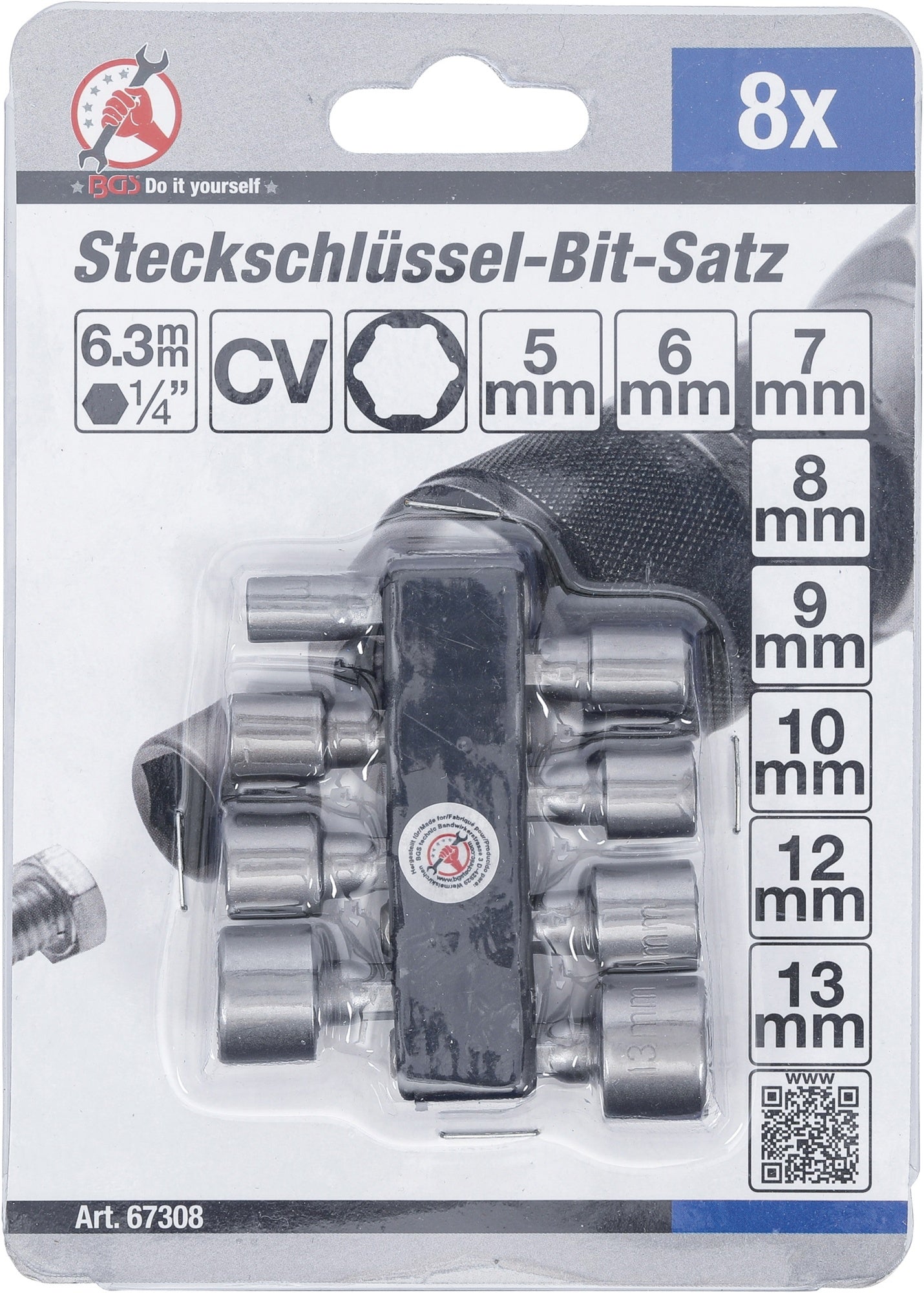 BGS DIY 67308 Satz Steckschlüssel Antrieb 6,3mm (1/4") SW 5 - 13mm 8 teilig