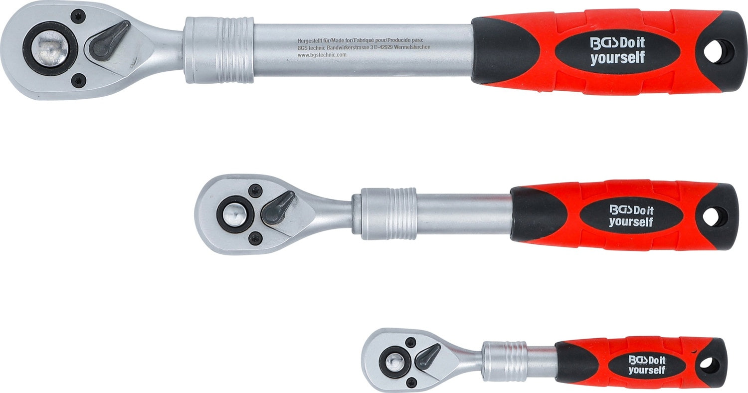 BGS DIY 72113 Satz Umschaltknarren ausziehbar Abtrieb 6,3mm (1/4") 10mm (3/8") 12,5mm (1/2")