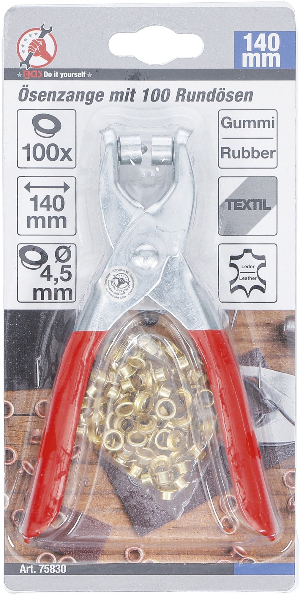 BGS DIY 75830 Ösenzange / Knopfzange mit 100 Ösen Ø4,5mm