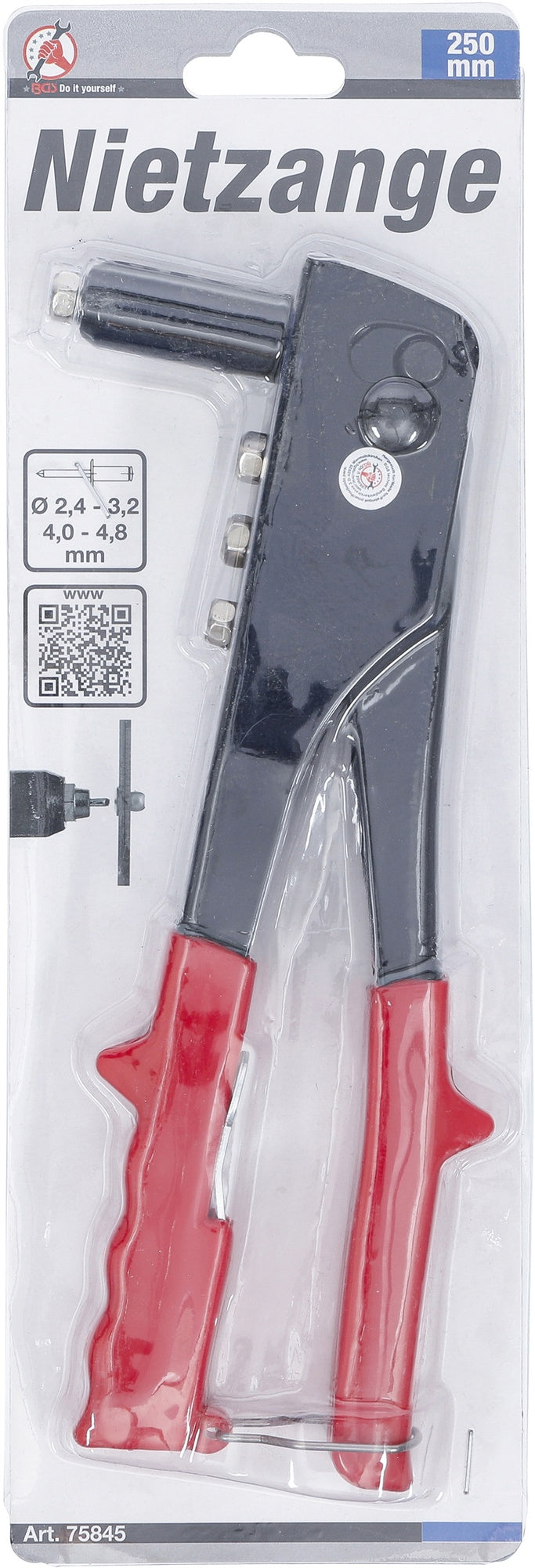 BGS DIY 75845 Poppnietenzange / Blindnietzange mit 4 Mundstücken Ø 2,4 / 3,2 / 4,0 / 4,8mm Länge 250mm