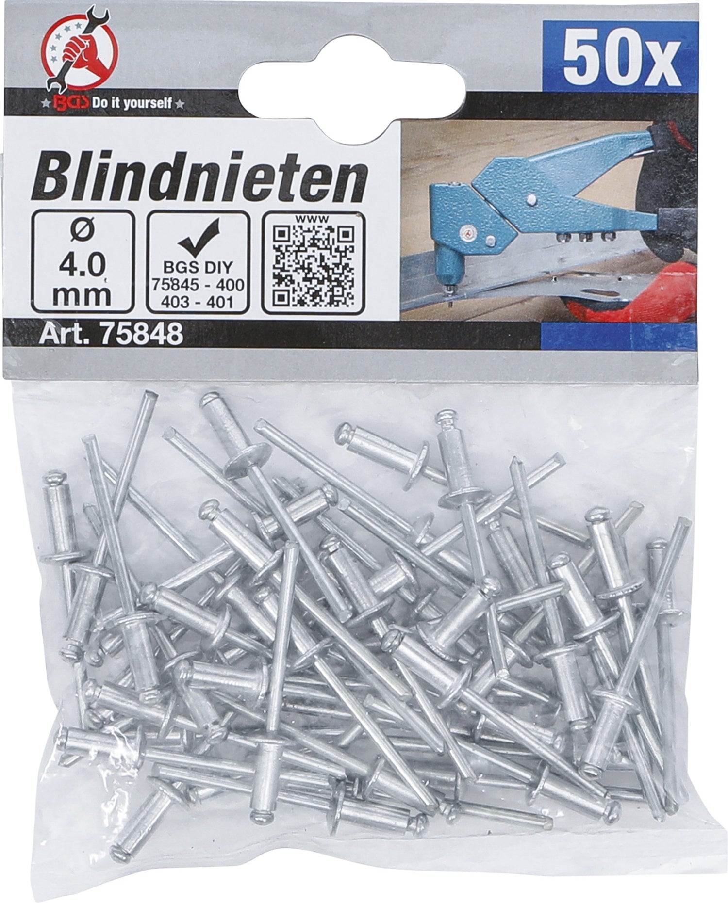 BGS DIY 75848 Sortiment Poppnieten / Blindnieten Ø4,0mm 50 teilig