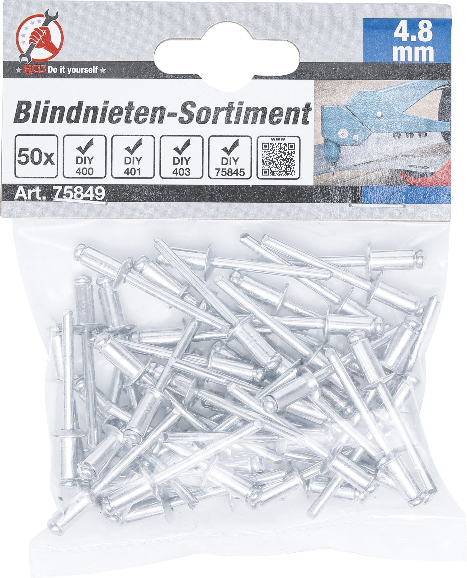 BGS DIY 75849 Sortiment Poppnieten / Blindnieten Ø4,8mm 50 teilig