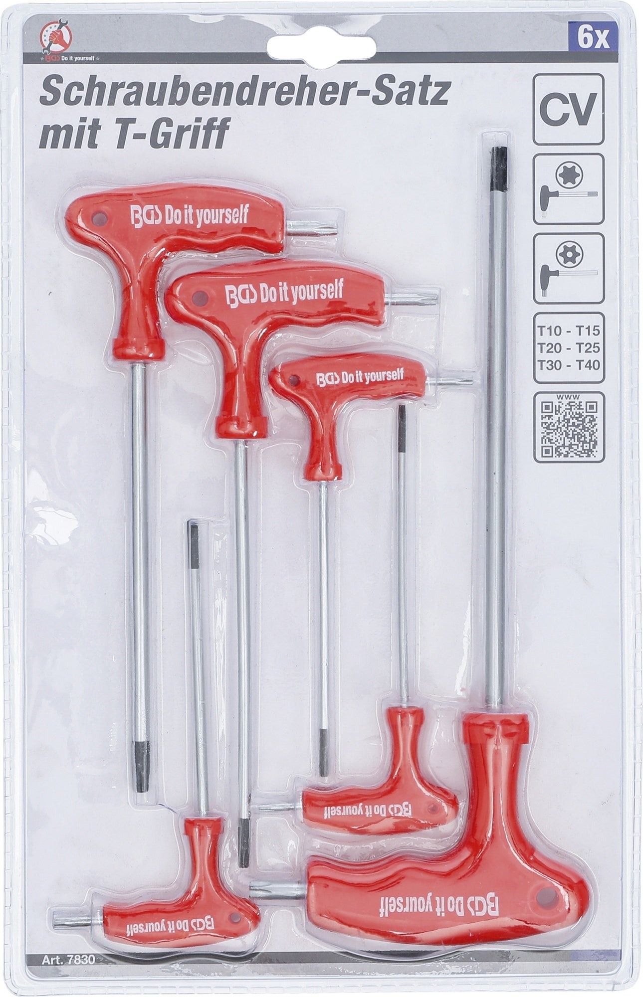 BGS DIY 7830 Satz Schraubendreher Abtrieb T-Profil (für Torx) mit T-Griff und seitlicher Klinge mit Bohrung T10 - T40
