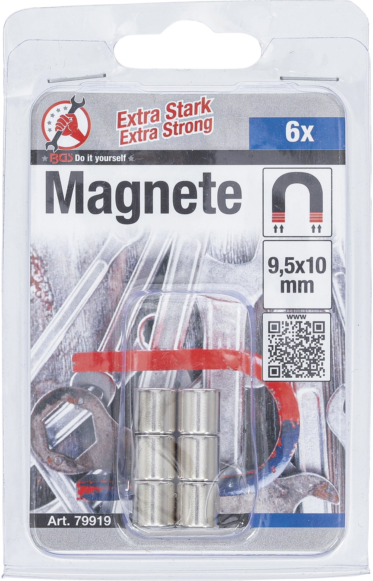 BGS DIY 79919 Satz Magnete extra stark Zylinderform Ø 9,5mm 6 teilig