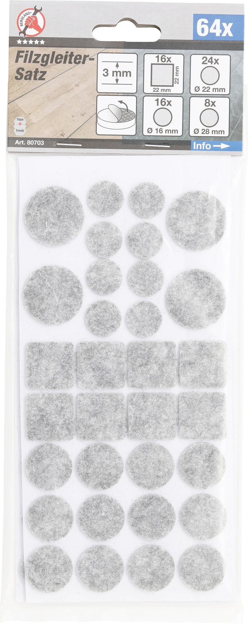 BGS DIY 80703 Satz Filzgleiter grau-meliert 64 teilig