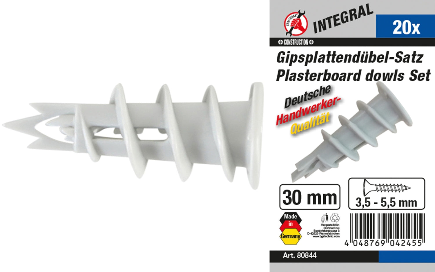 BGS DIY 80844 Sortiment Gipsplattendübel 20 teilig