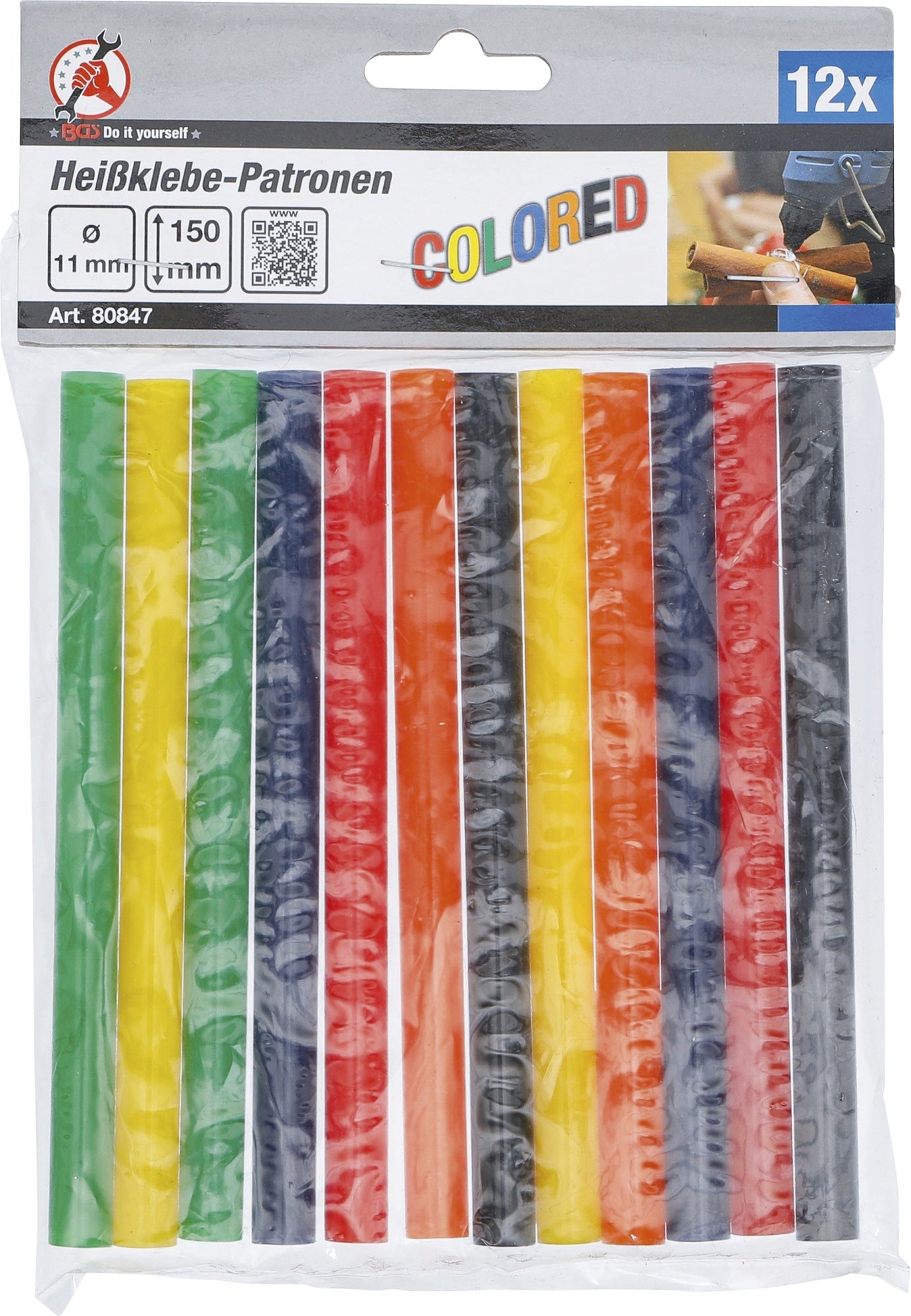 BGS DIY 80847 Heißklebepatronen bunt Ø 11mm x 150mm 12 teilig