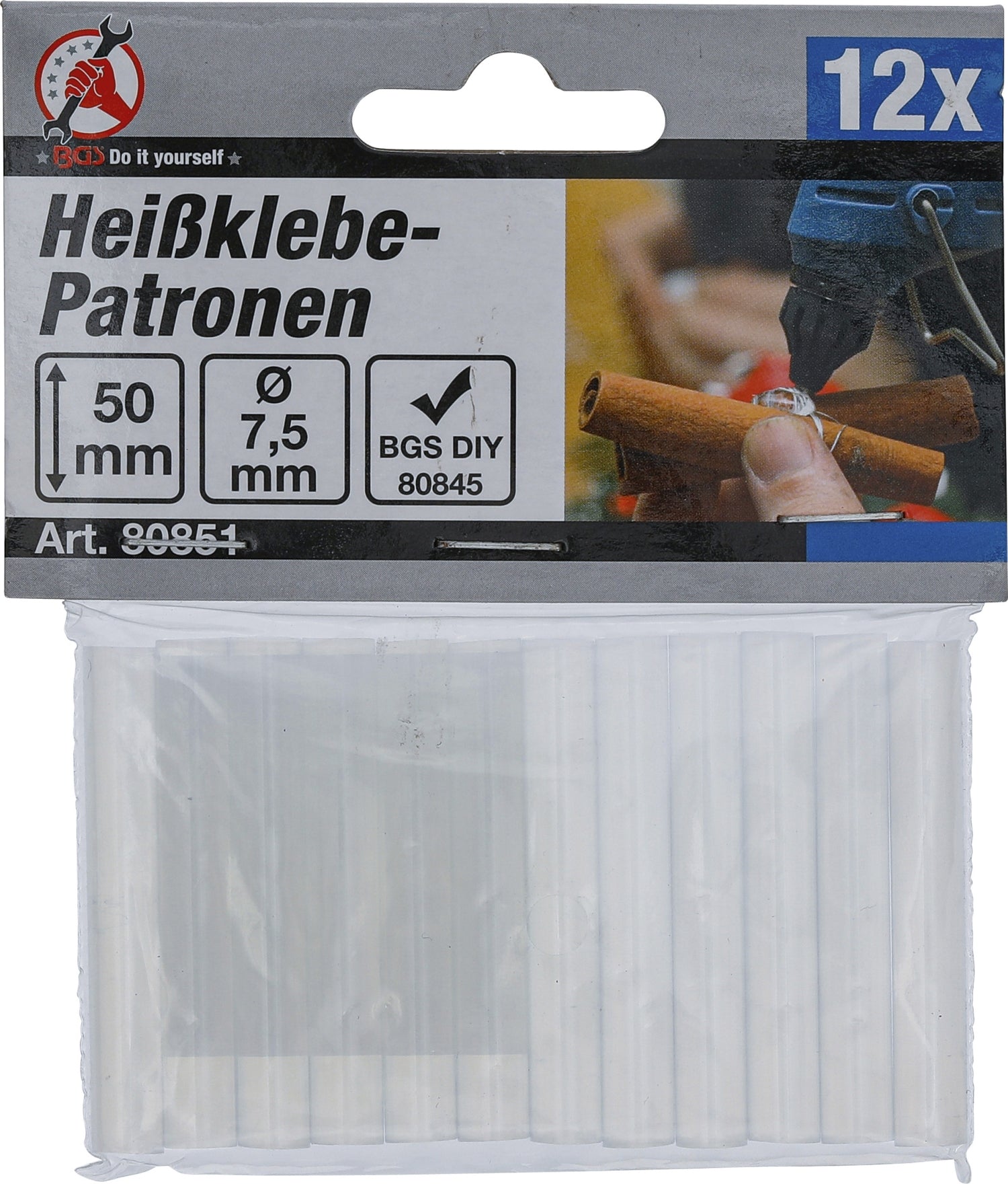 BGS DIY 80851 Heißklebepatronen transparent Ø 7,5mm x 50mm 12 teilig