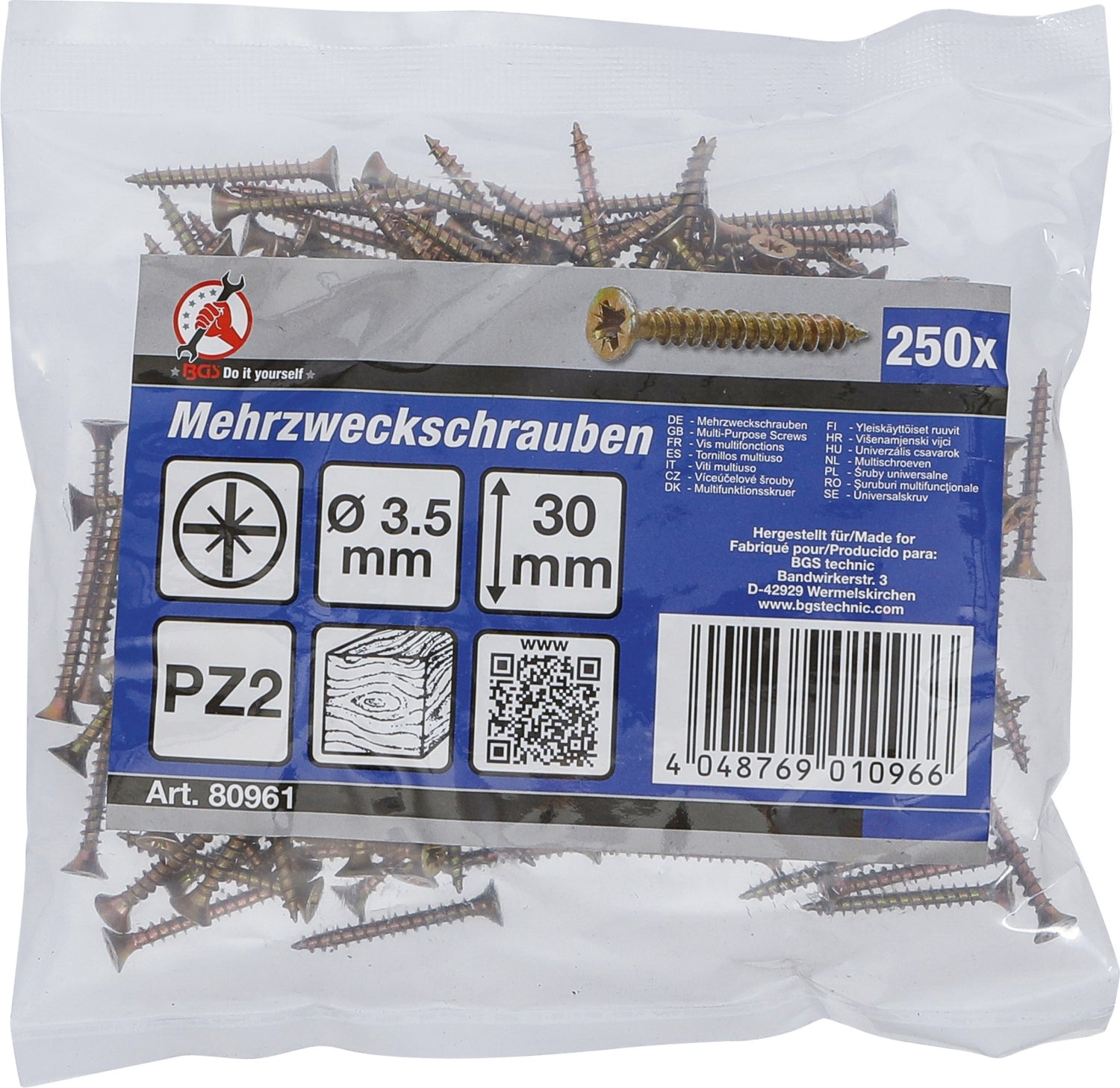 BGS DIY 80961 Satz Mehrzweckschrauben Kreuzschlitz PZ2 3,5 x 30mm 250 Stück