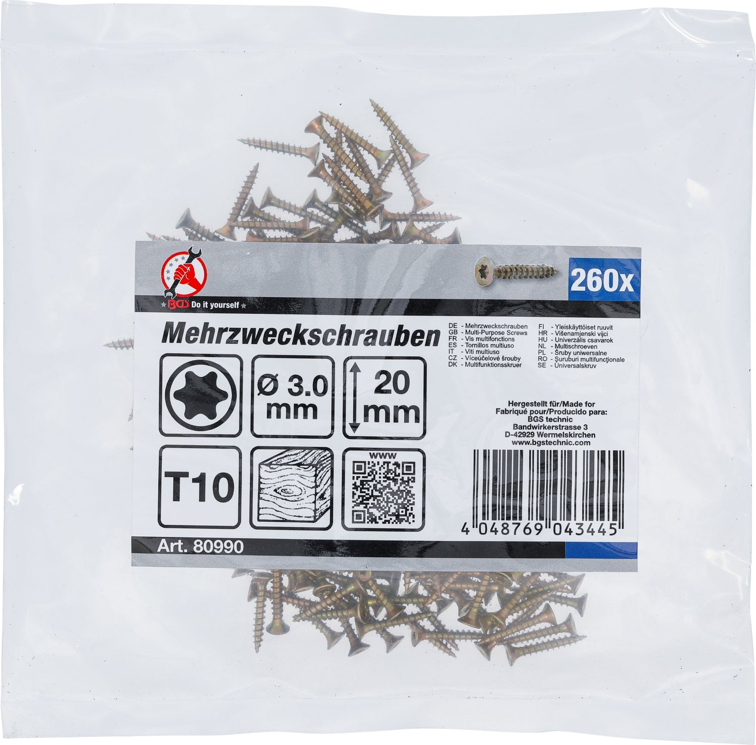 BGS DIY 80990 Satz Mehrzweckschrauben T-Profil (für Torx) T10 3,0 x 20mm 260 Stück