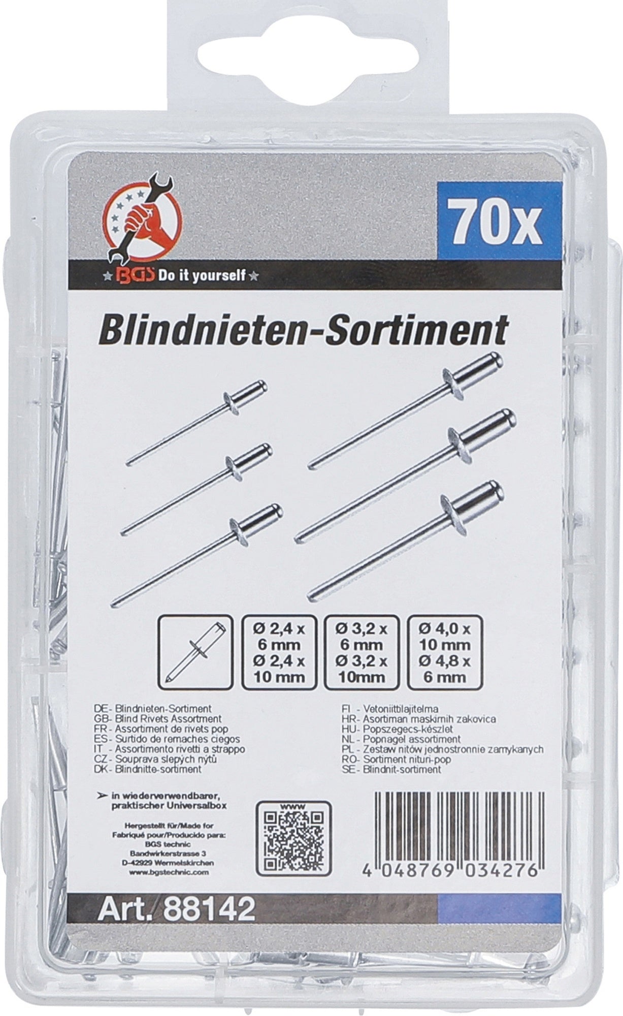 BGS DIY 88142 Sortiment Poppnieten / Blindnieten Ø2,4 - 4,8mm 70 teilig