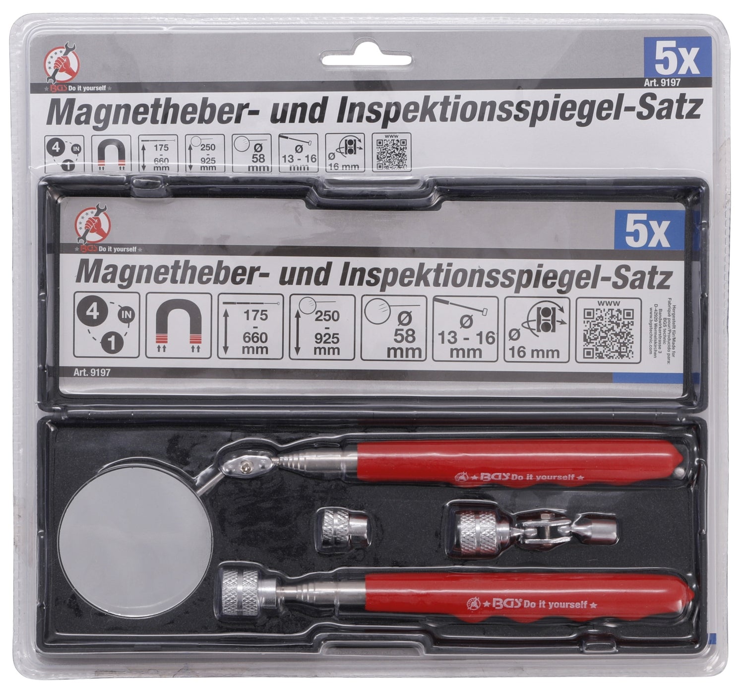 BGS DIY 9197 Satz Magnetheber & Inspektionsspiegel 4 teilig