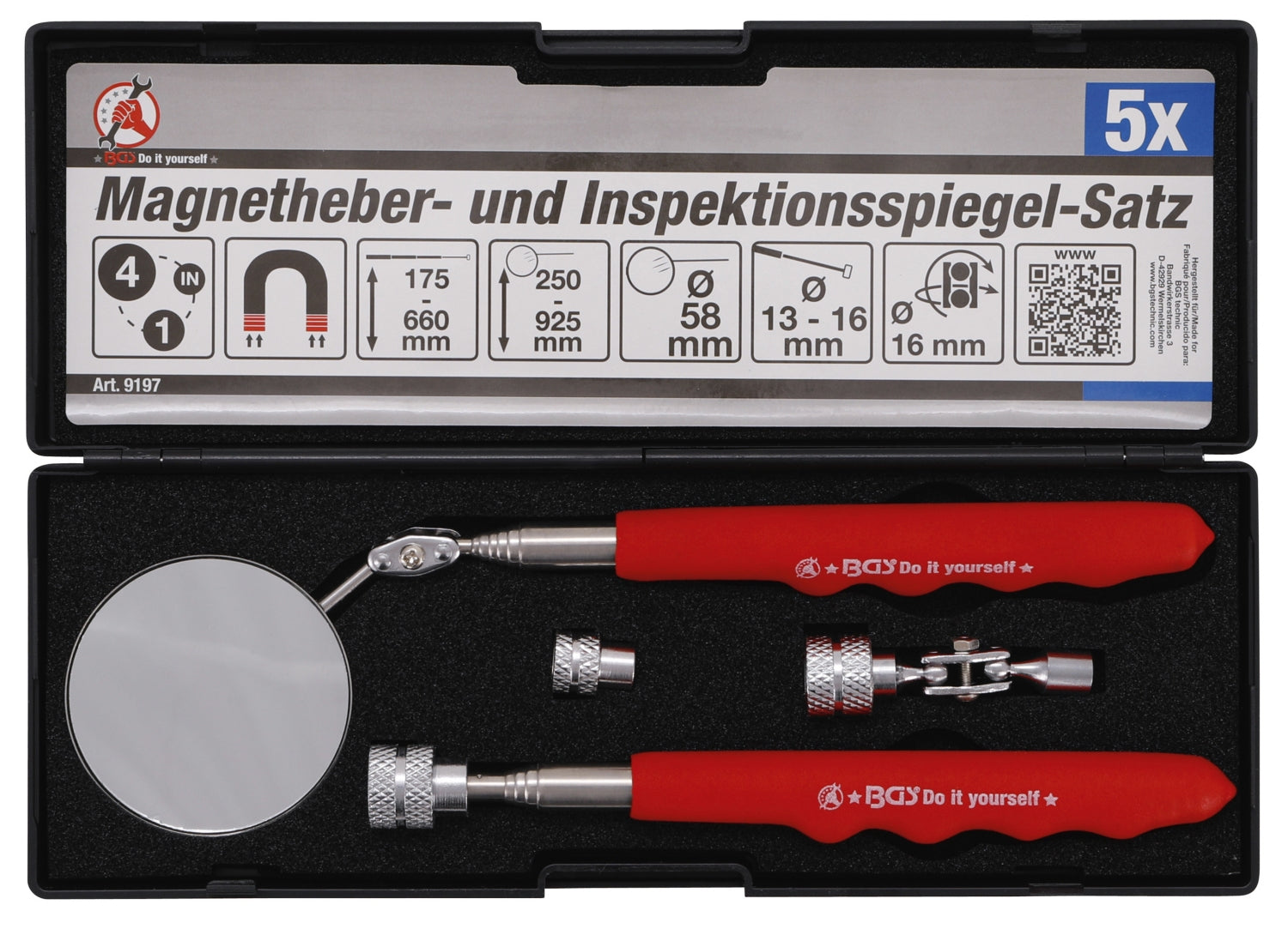 BGS DIY 9197 Satz Magnetheber & Inspektionsspiegel 4 teilig