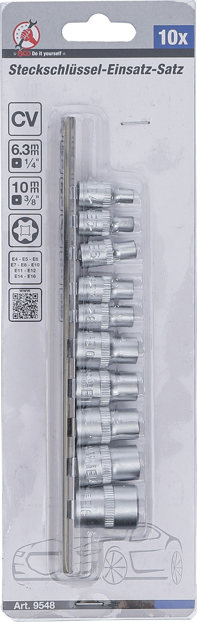 BGS DIY 9548 Satz Steckschlüsseleinsätze E-Profil Antrieb 6,3mm (1/4") & 10mm (3/8") SW E4 - E16