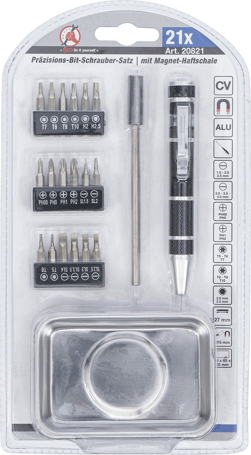BGS DIY 20821 Satz Präzisions Bits Schraubendreher 21 teilig mit Magnethaftschale