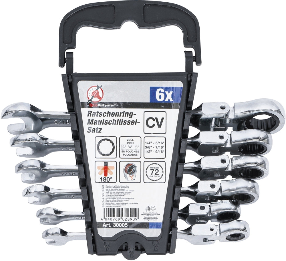 BGS DIY 30005 Zoll Satz Ratschenringmaulschlüssel flexible Köpfe SW 1/4" - 9/16" 6 teilig