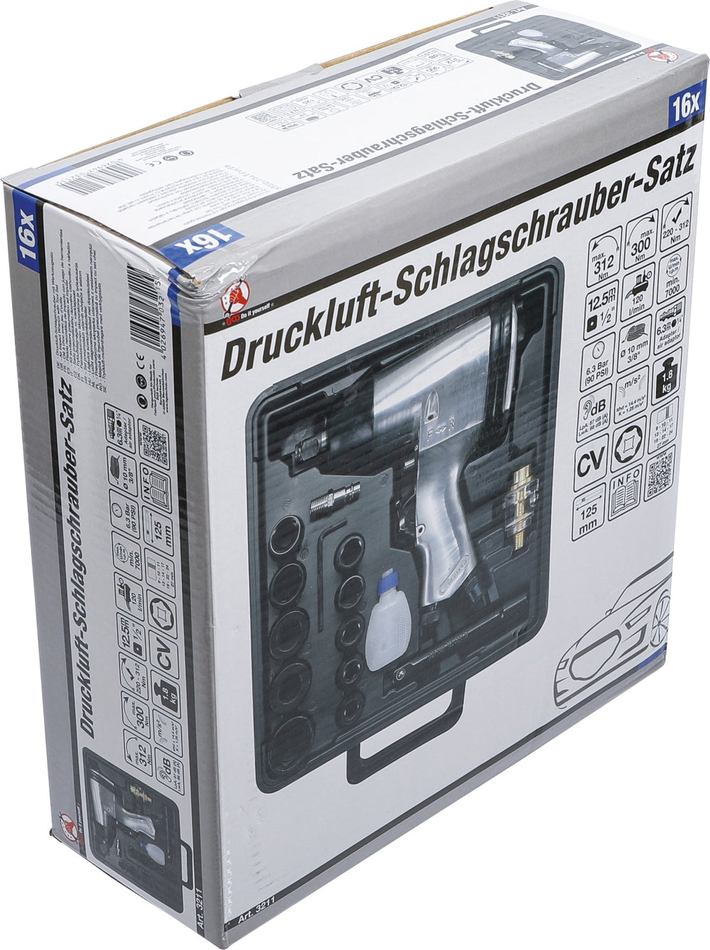 BGS DIY 3211 Satz Druckluft Schlagschrauber mit Werkzeug 12,5mm (1/2") 312Nm 16 teilig