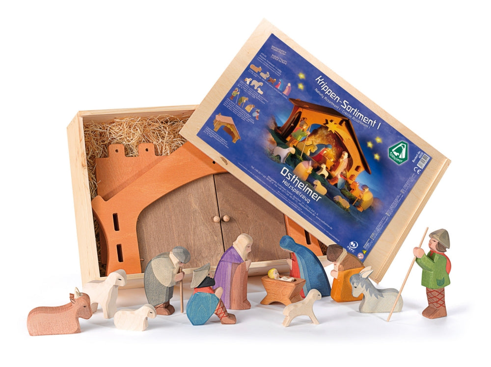 OSTHEIMER 6020 Krippen Sortiment 13teilig mit Figuren und Krippe Weihnachten Weihnachtskrippe