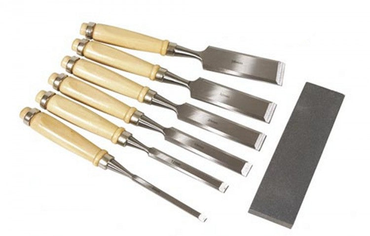 PEREL 1340 Stemmeisen Stechbeitel mit Abziehstein in Holzkiste 6 teiliger Satz