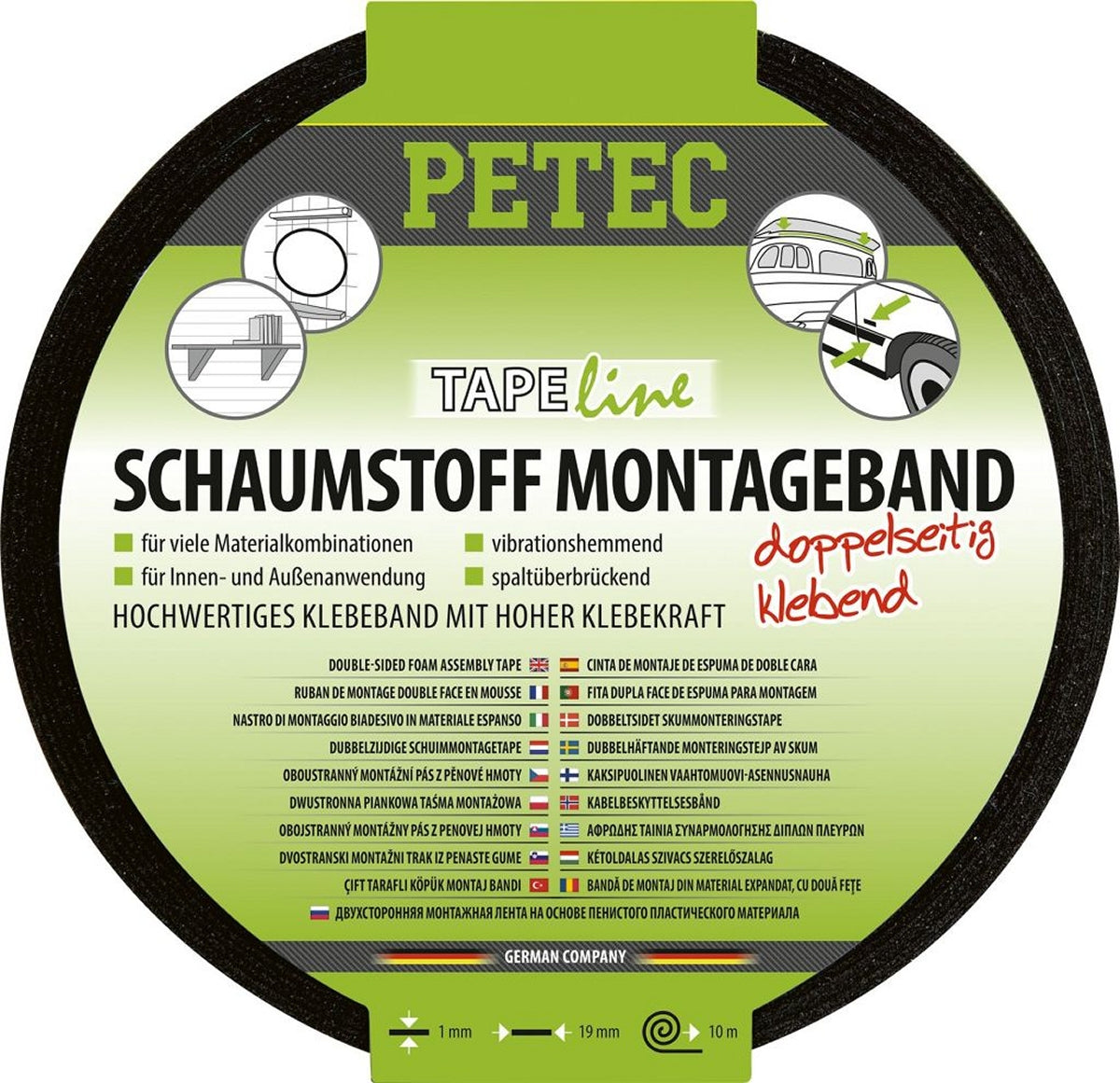 PETEC 87200 Schaumstoff Montageband Schwarz Rolle 10m x 19mm x 1mm doppelseitig klebend