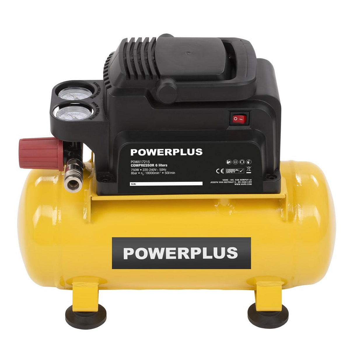 VARO POWX17215 Powerplus Kompressor Ölfrei 750 Watt 6 Liter Tragbar Druckluft