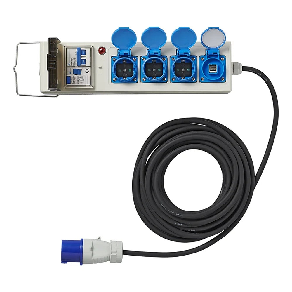 ProPlus 373585DE Zelt Faltwagen Steckdose 20 Meter 3x2,5mm² mit MCCB und FI-Schalter + 2 x USB