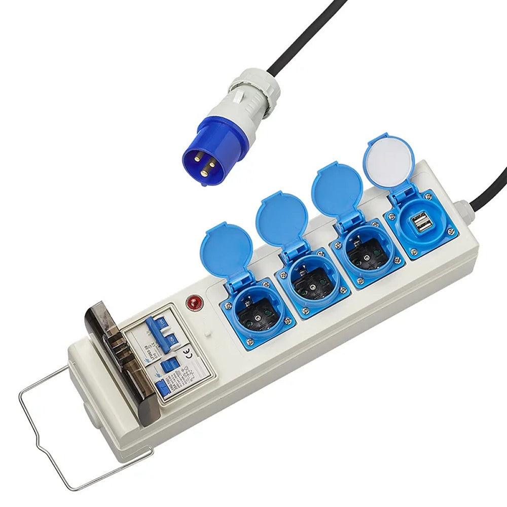 ProPlus 373585DE Zelt Faltwagen Steckdose 20 Meter 3x2,5mm² mit MCCB und FI-Schalter + 2 x USB