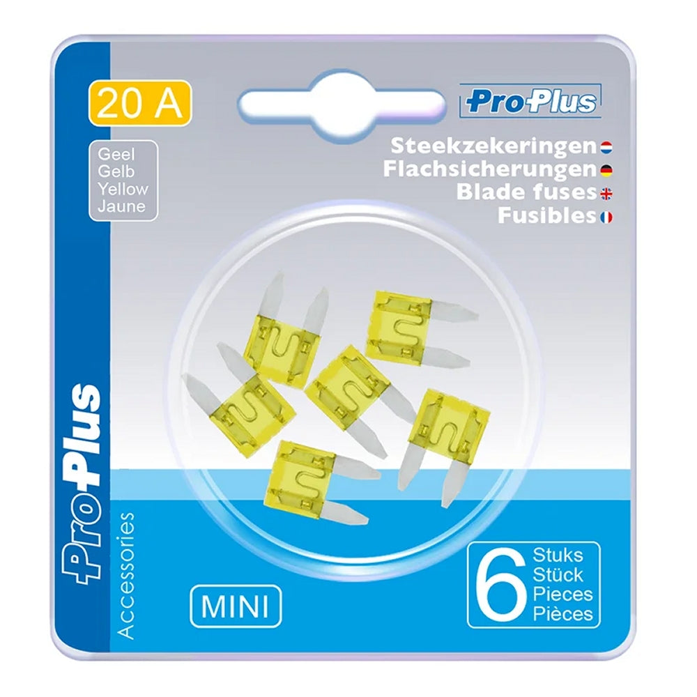 ProPlus 490367 Satz Flachsicherungen Mini 20A gelb 6 Stück im Blister KFZ-Sicherungen
