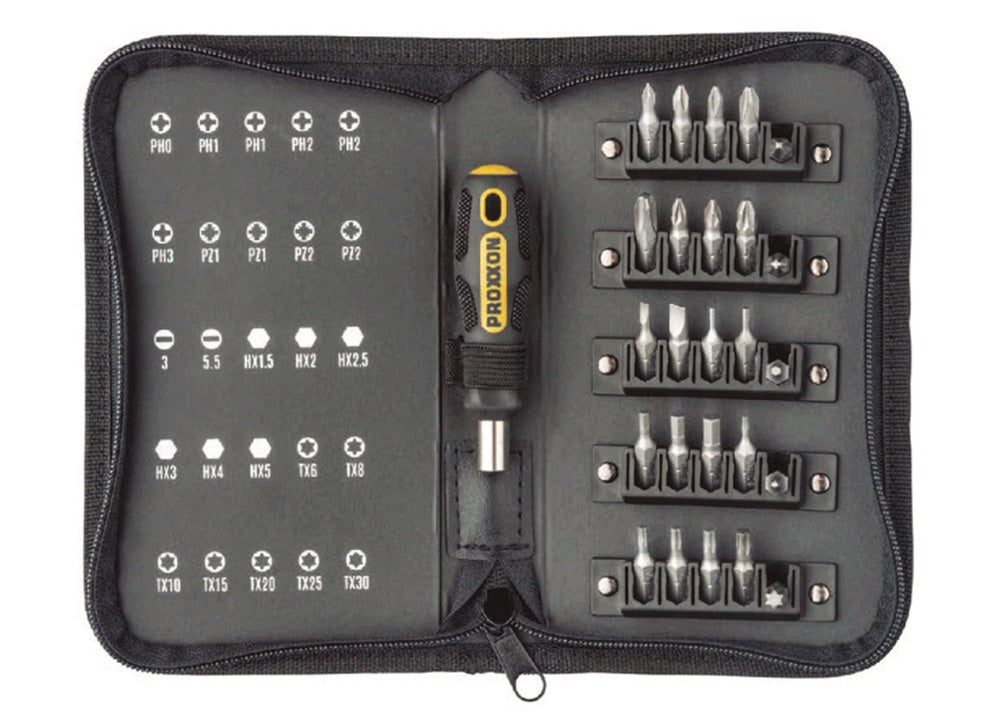 PROXXON 22730 Kompakt Bitsatz mit Mini FLEX DOT Griff Textiltasche mit Reißverschluss 26 teilig