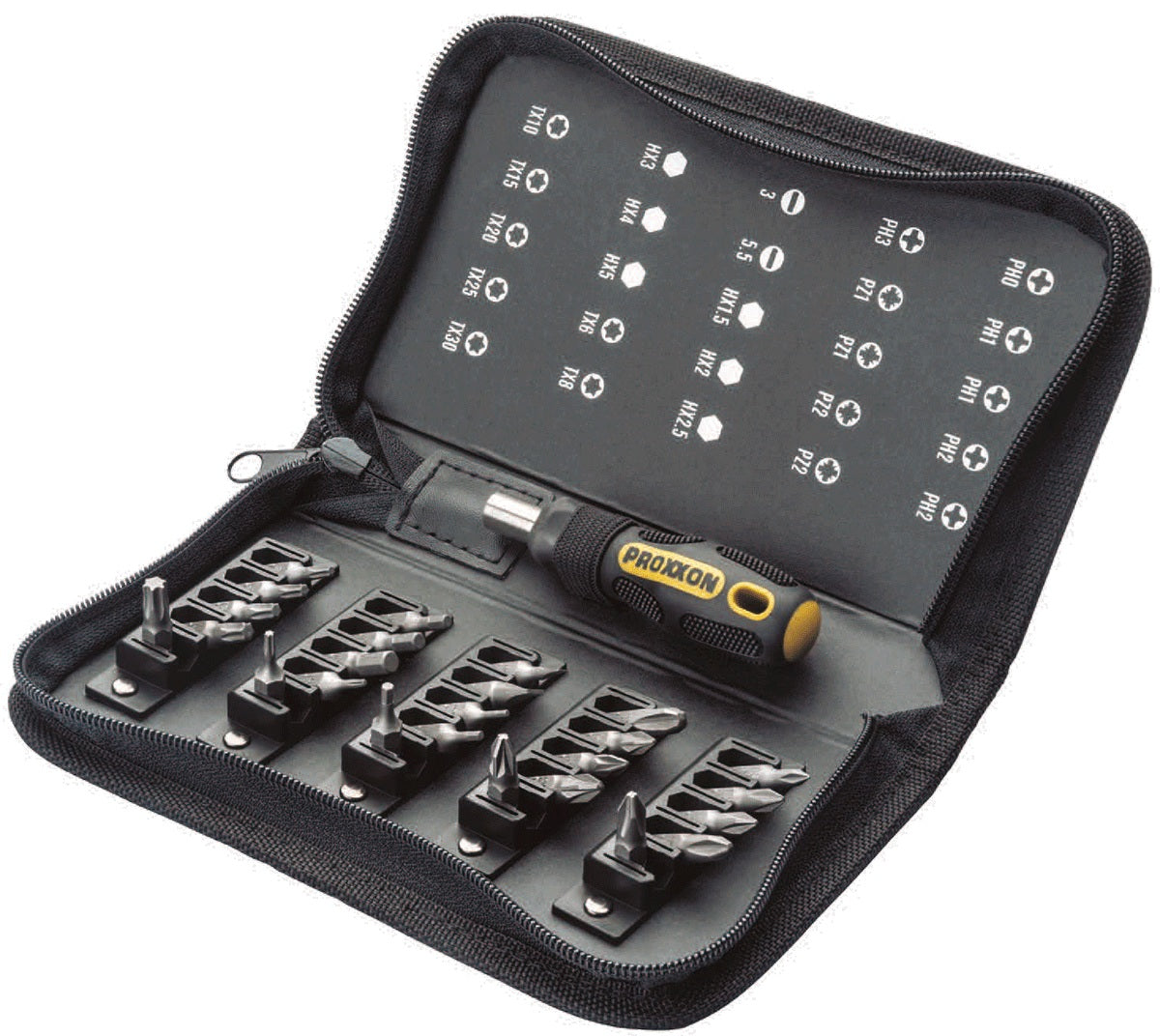PROXXON 22730 Kompakt Bitsatz mit Mini FLEX DOT Griff Textiltasche mit Reißverschluss 26 teilig