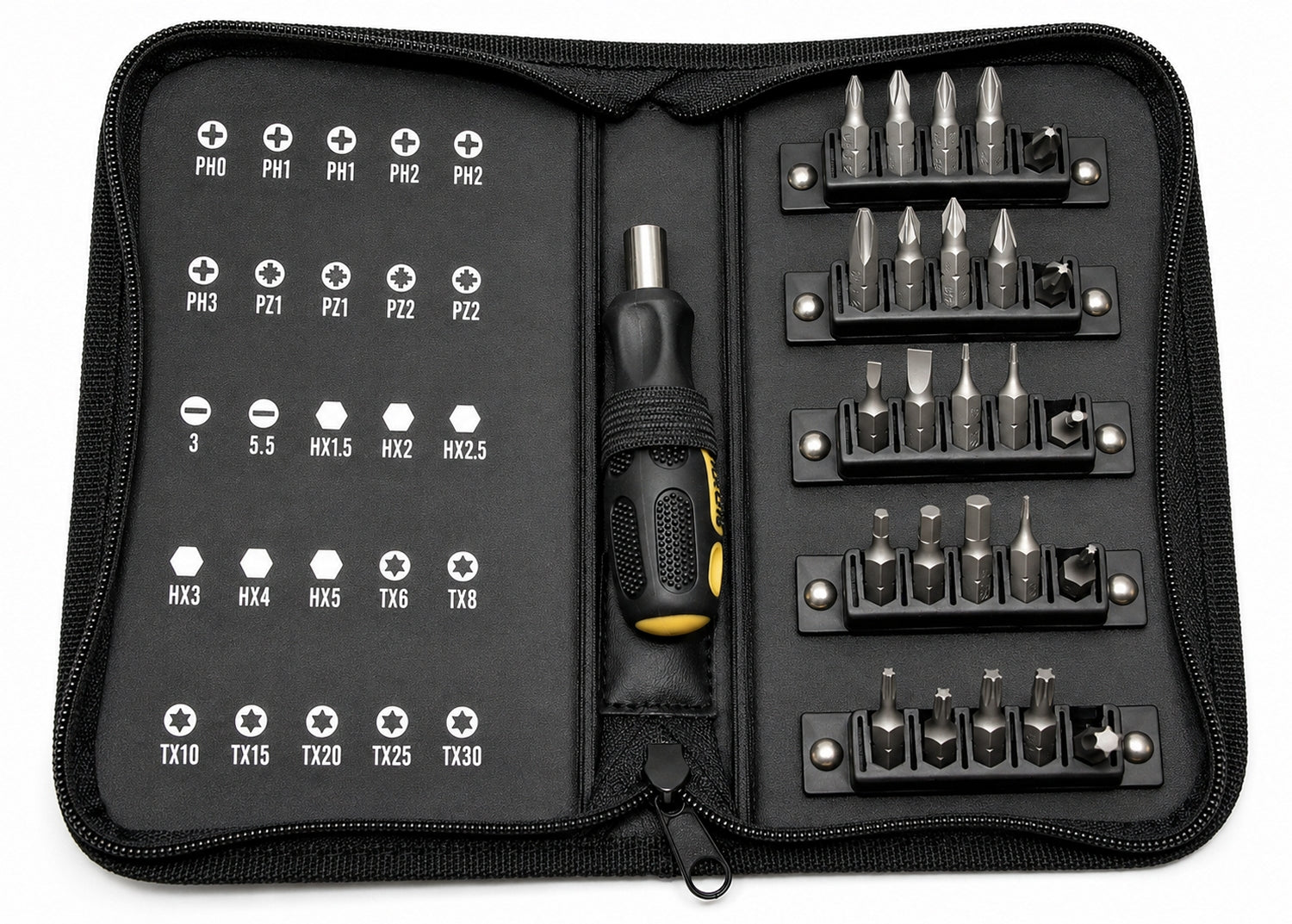 PROXXON 22730 Kompakt Bitsatz mit Mini FLEX DOT Griff Textiltasche mit Reißverschluss 26 teilig