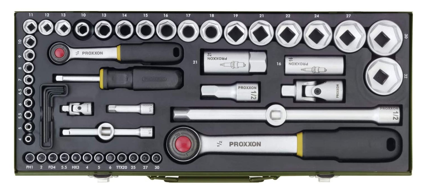 PROXXON 23040 Steckschlüssel Satz 56teilig mit 6,3mm (1/4') und 12,5mm (1/2') Ratsche