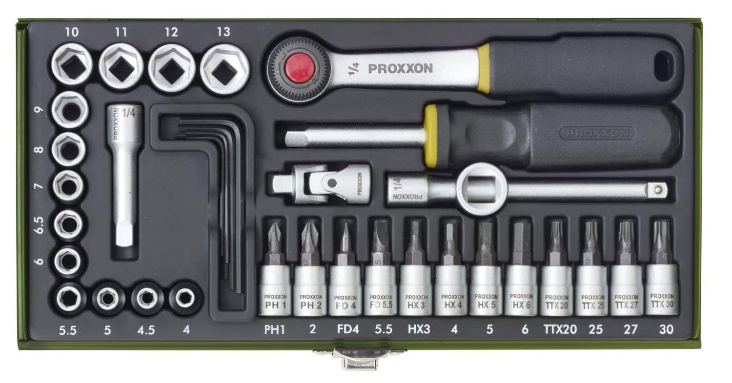 PROXXON 23080 Feinmechaniker Steckschlüsselsatz / Knarrenkasten 6,3mm (1/4")