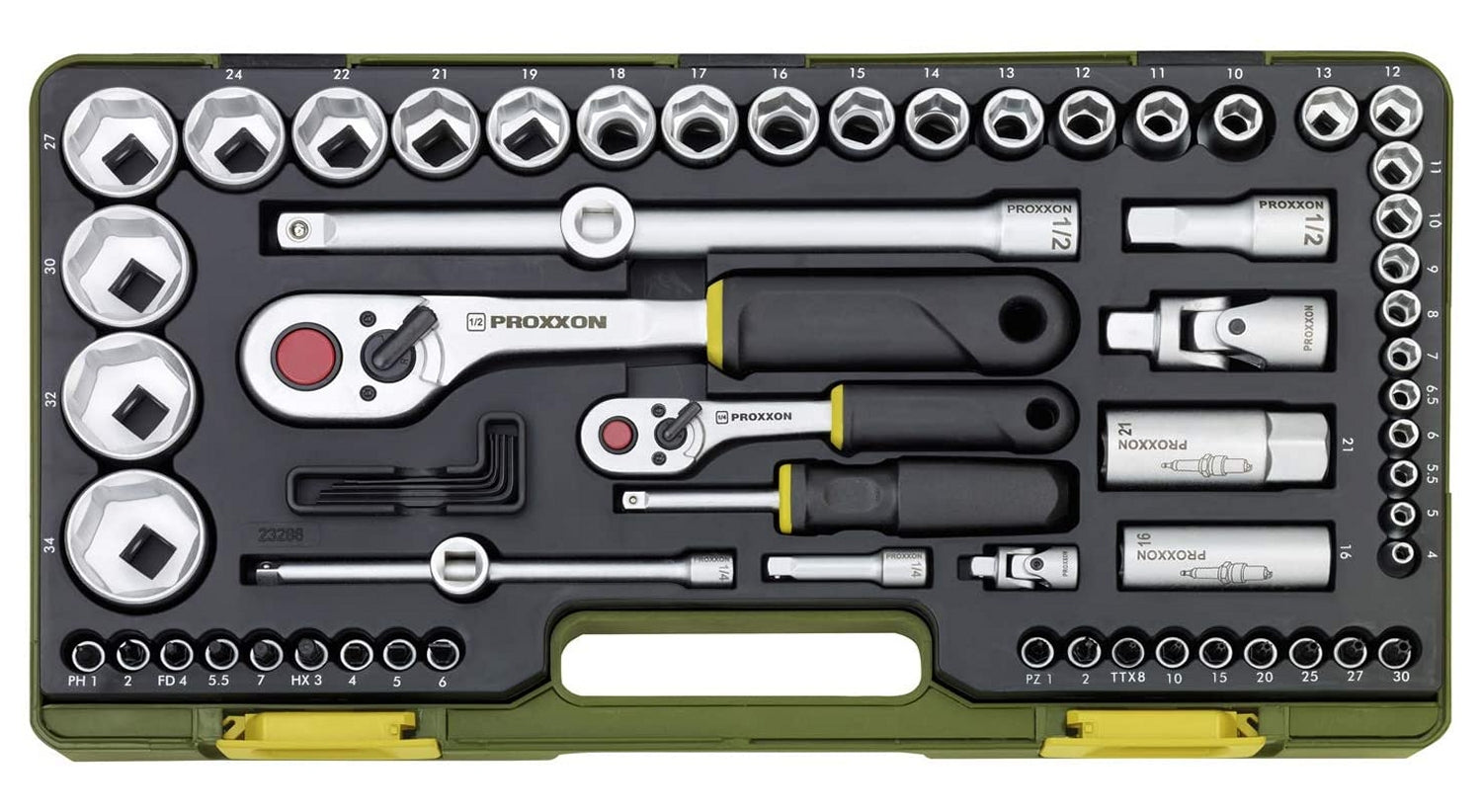 PROXXON 23286 Nusskasten Knarrenkasten mit 6,3mm (1/4") + 12,5mm (1/2") Knarren