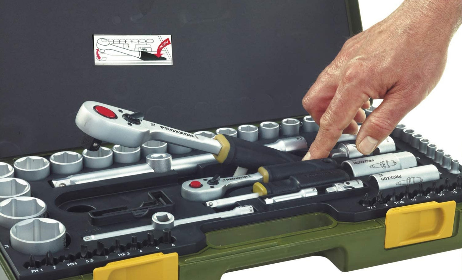 PROXXON 23286 Nusskasten Knarrenkasten mit 6,3mm (1/4") + 12,5mm (1/2") Knarren
