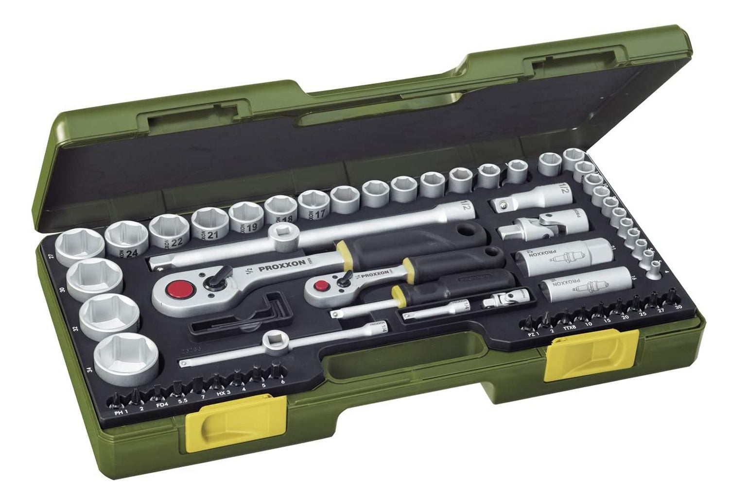 PROXXON 23286 Nusskasten Knarrenkasten mit 6,3mm (1/4") + 12,5mm (1/2") Knarren
